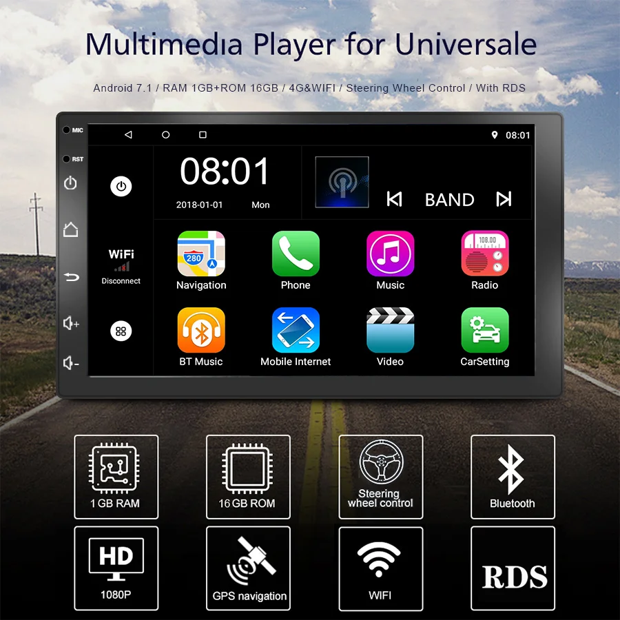 TOPSOURCE Car Radio Player 2 Din 7 Inch Android 7.1 WIth GPS Wifi RDS AV OUT Multimedia For Universal dvd | Автомобили и
