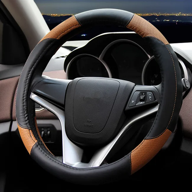 black and brown Высокое качество кожаный чехол рулевого колеса автомобиля четыре сезона универсальные автомобильные аксессуары для Chevrolet cruze mrlibu aveo SAIL trax - Название цвета: black and brown