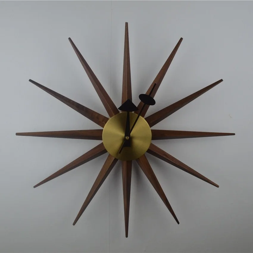 Дизайнерские часы Starburst Wall Clock 47CM/Slience Brass & SolidWalnut Wooden/оптовая продажа|modern wall|walnut