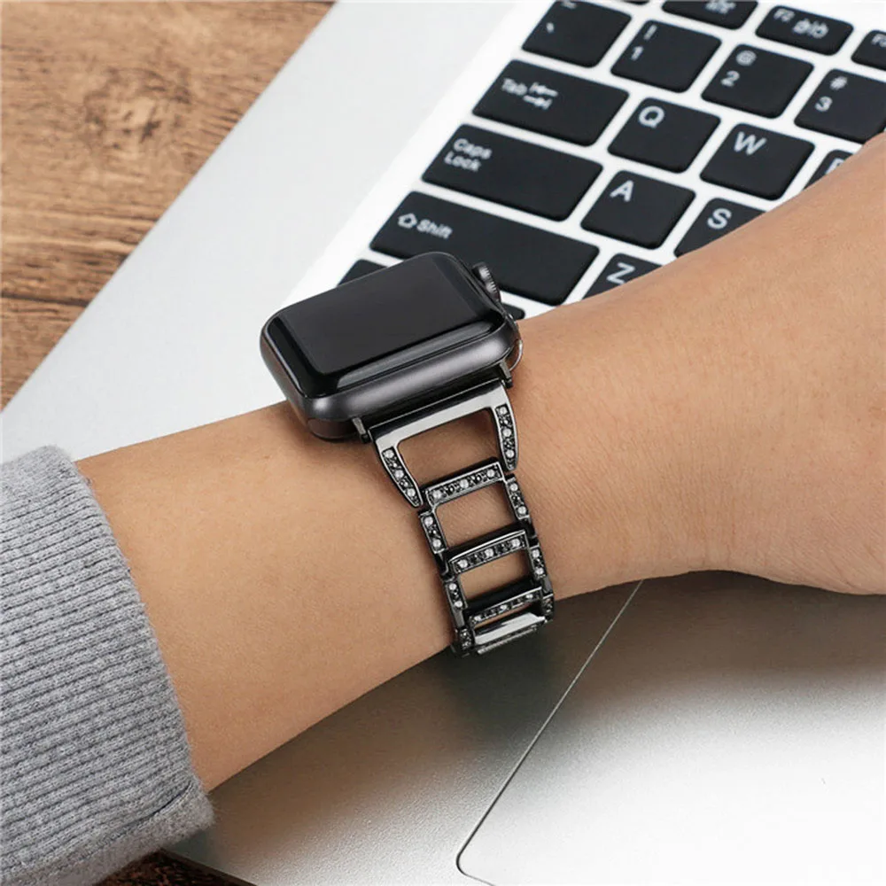 Женские часы со стразами ремешок для наручных часов Apple Watch, версии браслет Series 5 4 3 2 диапазона Для женщин Мода ремень Металлические звеньевые 40/44 мм, 38 мм/42 мм аксессуары