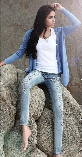 Европа 2015 лето новый мужчин тонкие джинсы отверстие узкие карандаш ног брюки