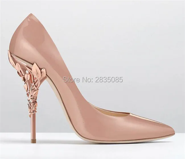 Sapato Feminino/2018 г. туфли лодочки на каблуке с листьями розового и золотого цвета