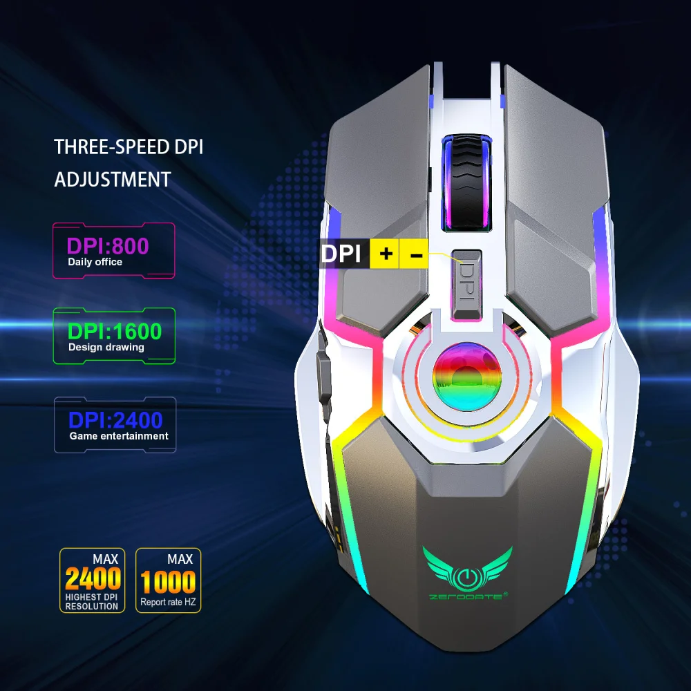 ZERODATE, новинка, перезаряжаемая мышь, RGB светильник, беспроводная мышь, 2,4G, Регулируемый dpi, для игры, офиса, ПК, ноутбука