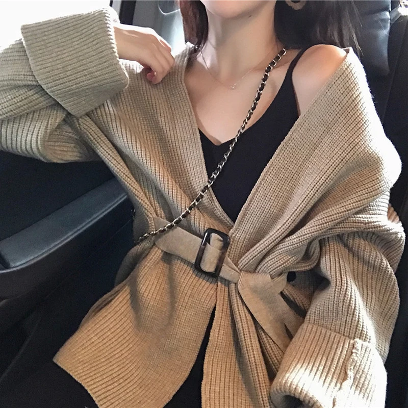 Sexy V-neck Full Sleeve Women Knitted Open Stitch Loose Sashes Sweater Cardigans Elegant Female Jumpers 2019 |