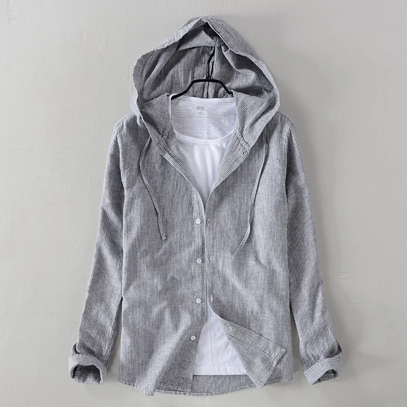 

New arrival long sleeve autumn linen shirts men brand fashion hooded shirt mens casual solid gray shirts male overhemd chemise