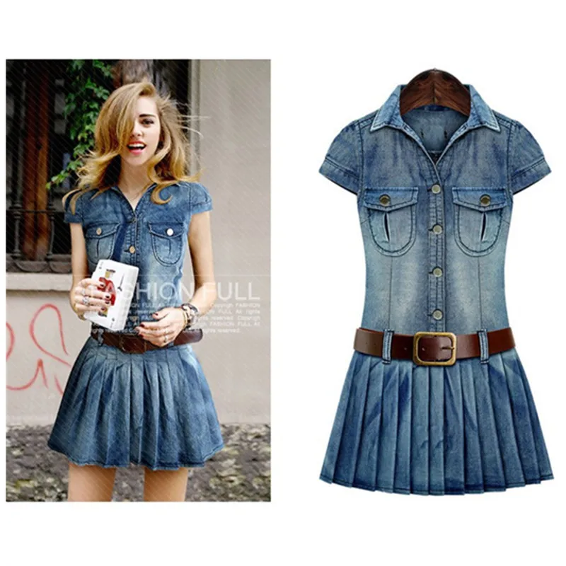 Летнее женское повседневное джинсовое короткое винтажное платье большого