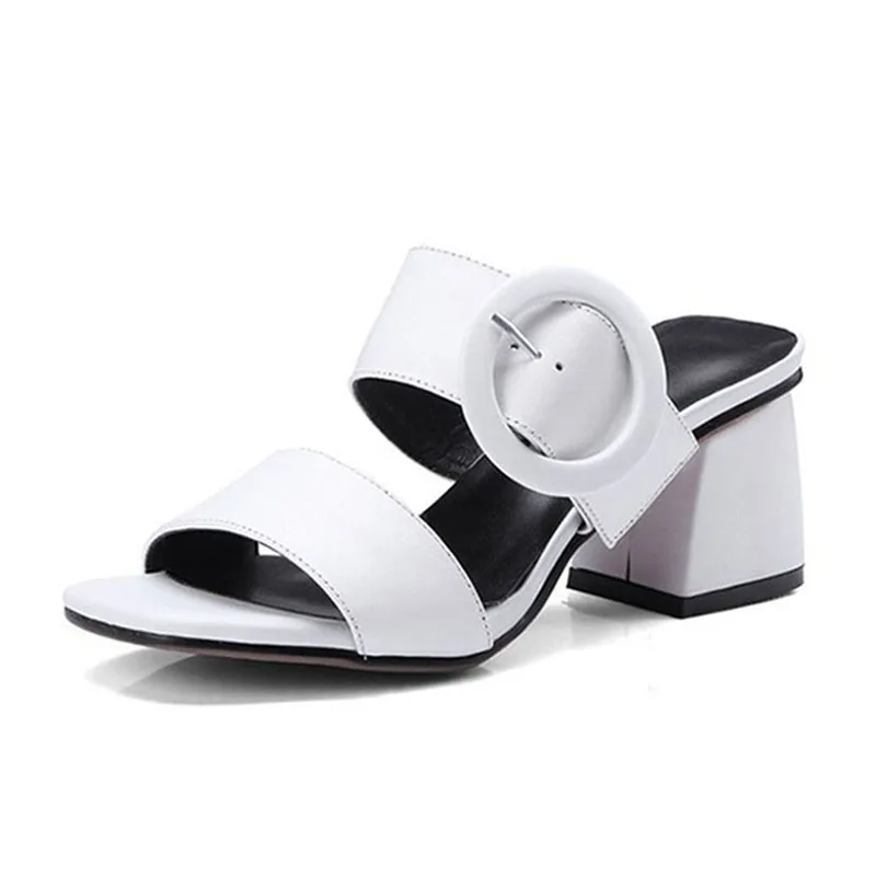 FITWEE Simple Women Genuine Leather High Heel Sandals Metal Buckle Square Toe Thick Vacation Shoes Size 33-40 | Обувь