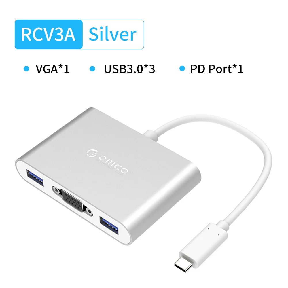 RCV3A Silver ORICO type-C концентратор USB C к мульти USB3.0 HDMI/VGA/RJ45/SD TF кардридер разветвитель PD зарядное устройство адаптер док-станция для ноутбука Macbook - Цвет: RCV3A Silver
