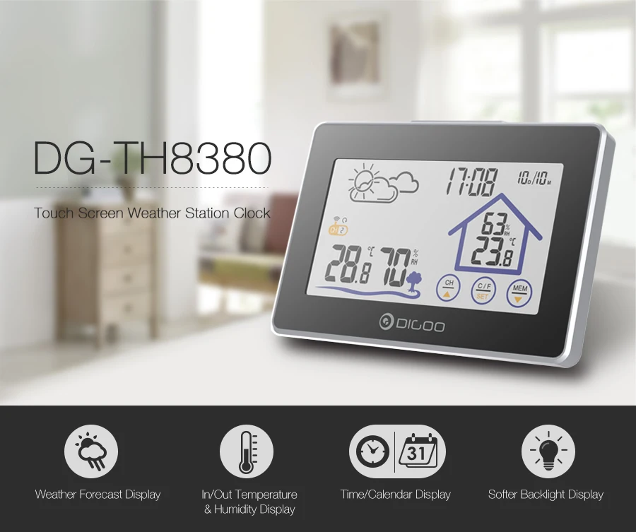 Digoo, DG-TH8380, цветной экран, метеостанция, термометр, гигрометр, измеритель, датчик погоды, для помещений и улицы, датчик, будильник