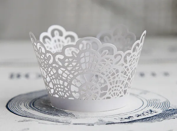 

Free Shipping white cut hollow lace wedding cupcake wrappers filigree color paper mini cupcakes cup cake baking cups wrapper