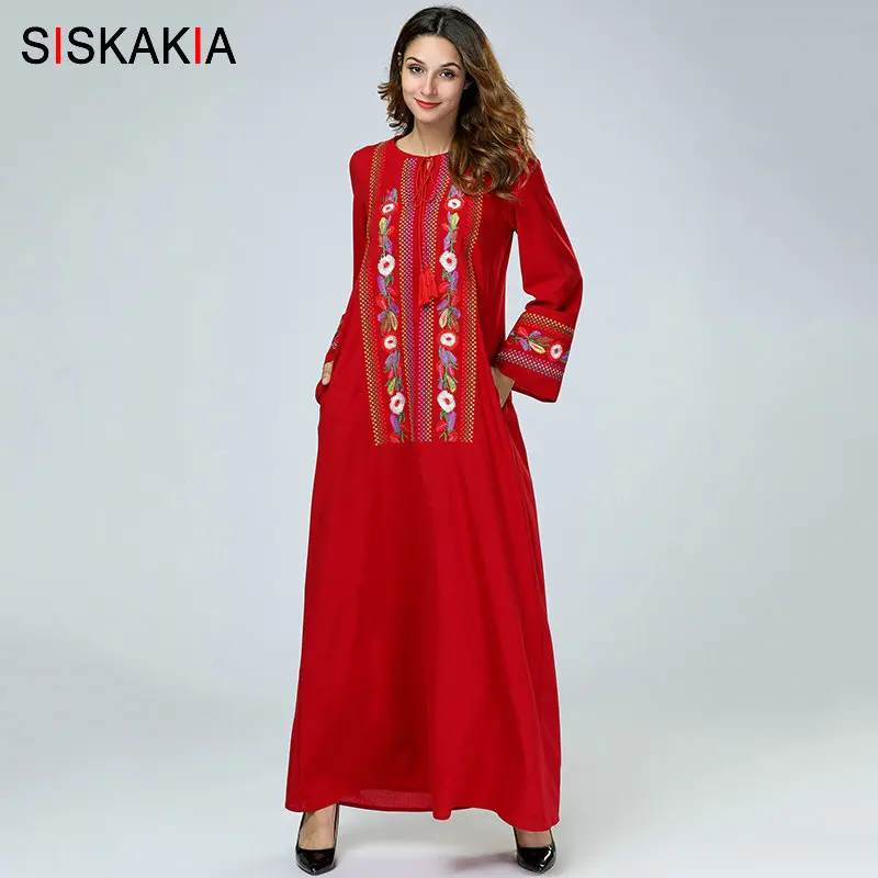Женское длинное платье Siskakia красное этническое Платье макси с цветочной