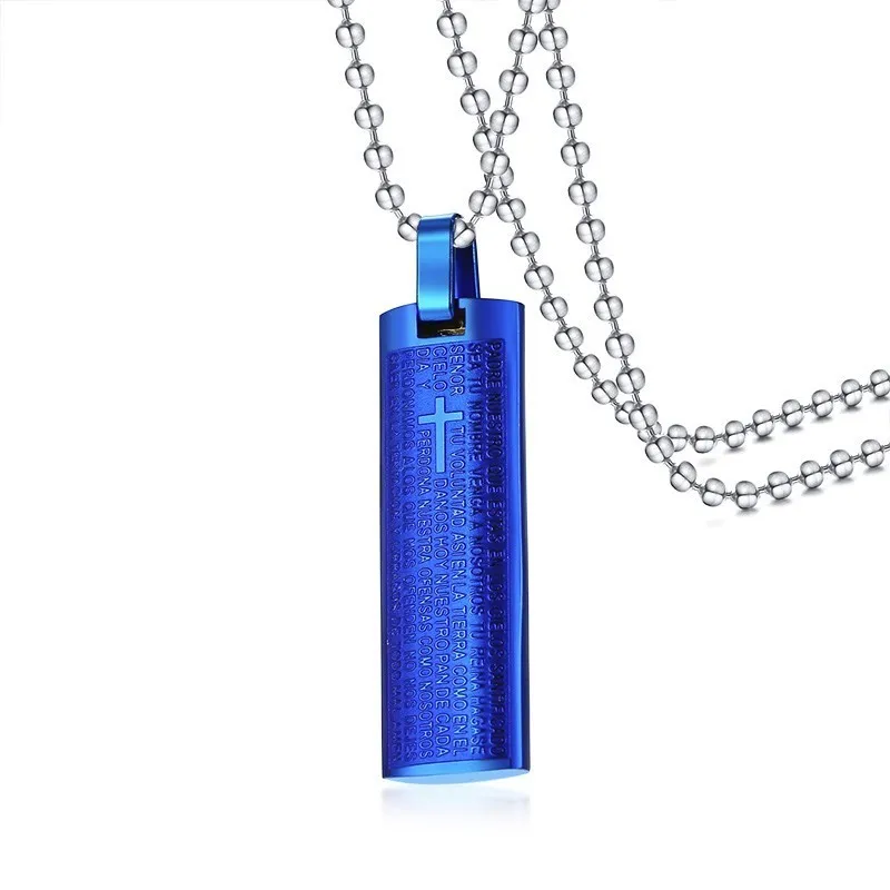Blue Beads Chain Vnox, гравированный крест, Библейский кулон для женщин и мужчин, цельная нержавеющая сталь, унисекс, Христос, молитва, ювелирные изделия с 2" /24" звеньями/бусинами, цепочка - Окраска металла: Blue Beads Chain