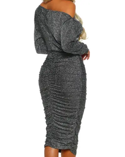 Женское металлическое блестящее платье миди с длинным рукавом и открытыми