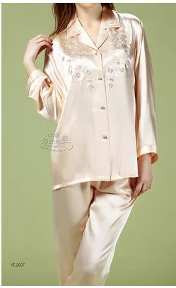 100 mulberry silk long-sleeved long sleeves and long trousers embroidered silk gown suit home (wine red M- XXL)