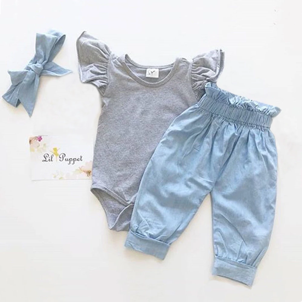 

Newest Fashion Newborn Baby Girl Causal Cotton Clothes Ruffle Romper Tops Denim Bow-knot Pants Headband Summer Outfit Sunsuit