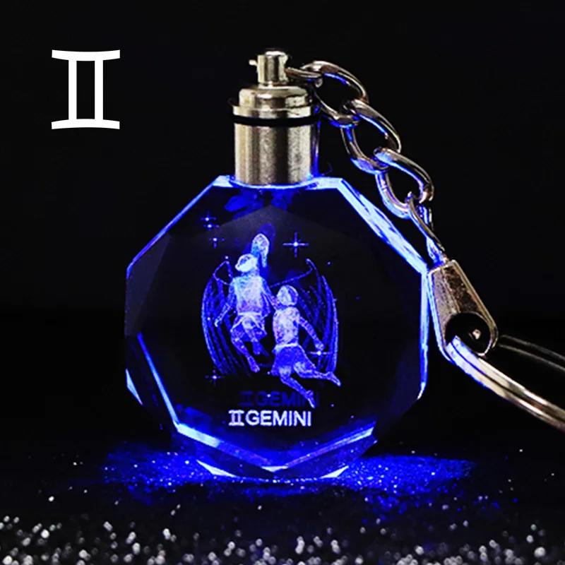Gemini Кристалл Знак зодиака 12 Созвездие брелок 3D звезда знак Женские аксессуары светодиодная подсветка брелок Зодиак Близнецы подарок на день рождения - Цвет: Gemini