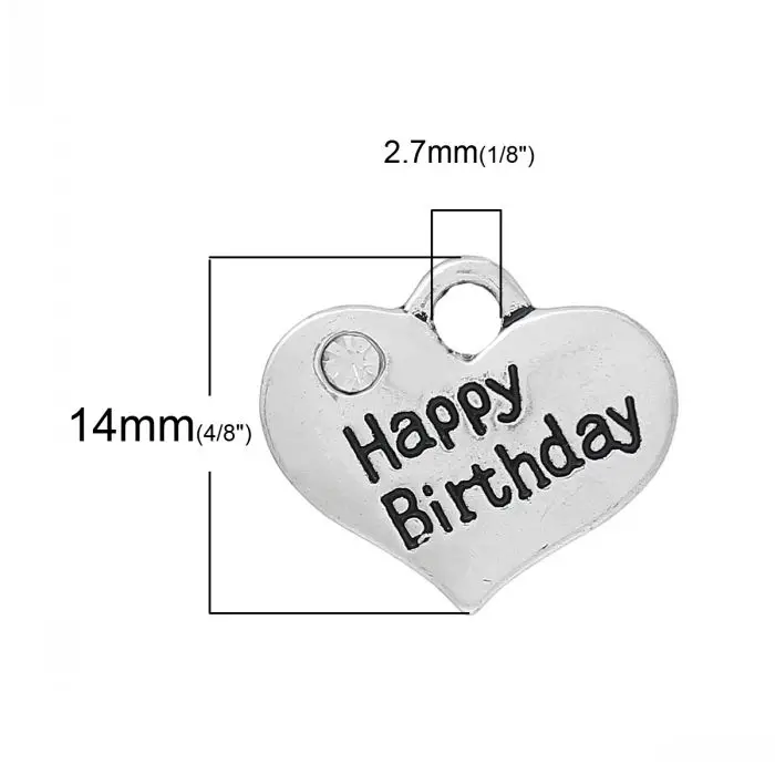 Happy Birthday Heart Charm Pendants - DoreenBeads Silver Color, Clear Rhinestone - 16mm X 14mm (5/8 X 4/8) - Pack of 20 image 2