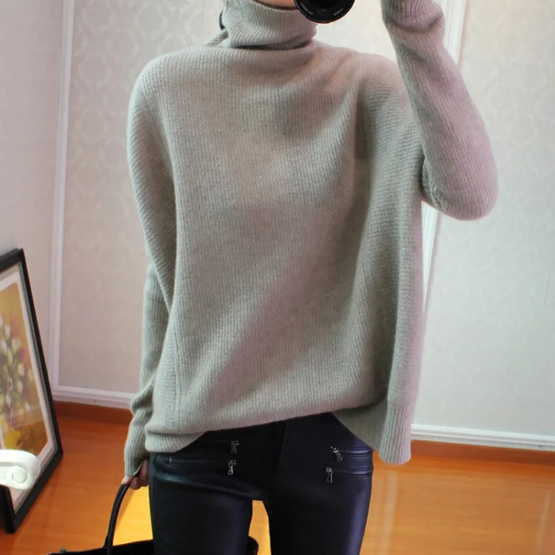 

BARESKIY cashmere sweater female high collar loose sweater large size solid color pullover sweater warm elastic women's clothing
