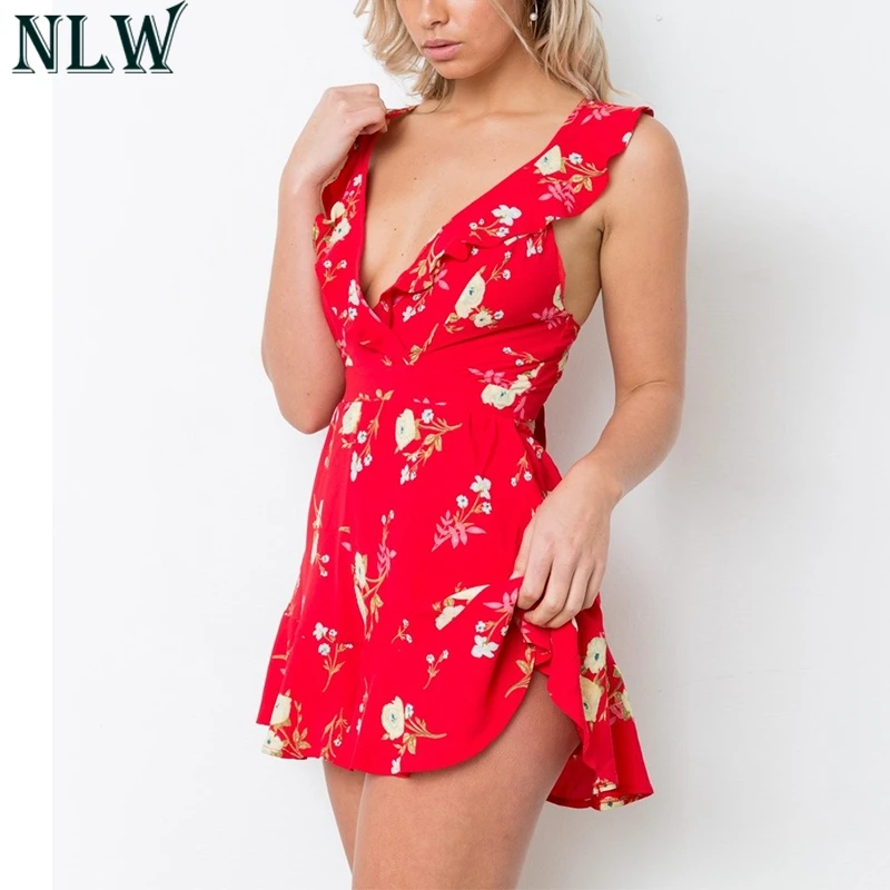NLW красный комбинезон с цветочным принтом оборками и v образным вырезом летний