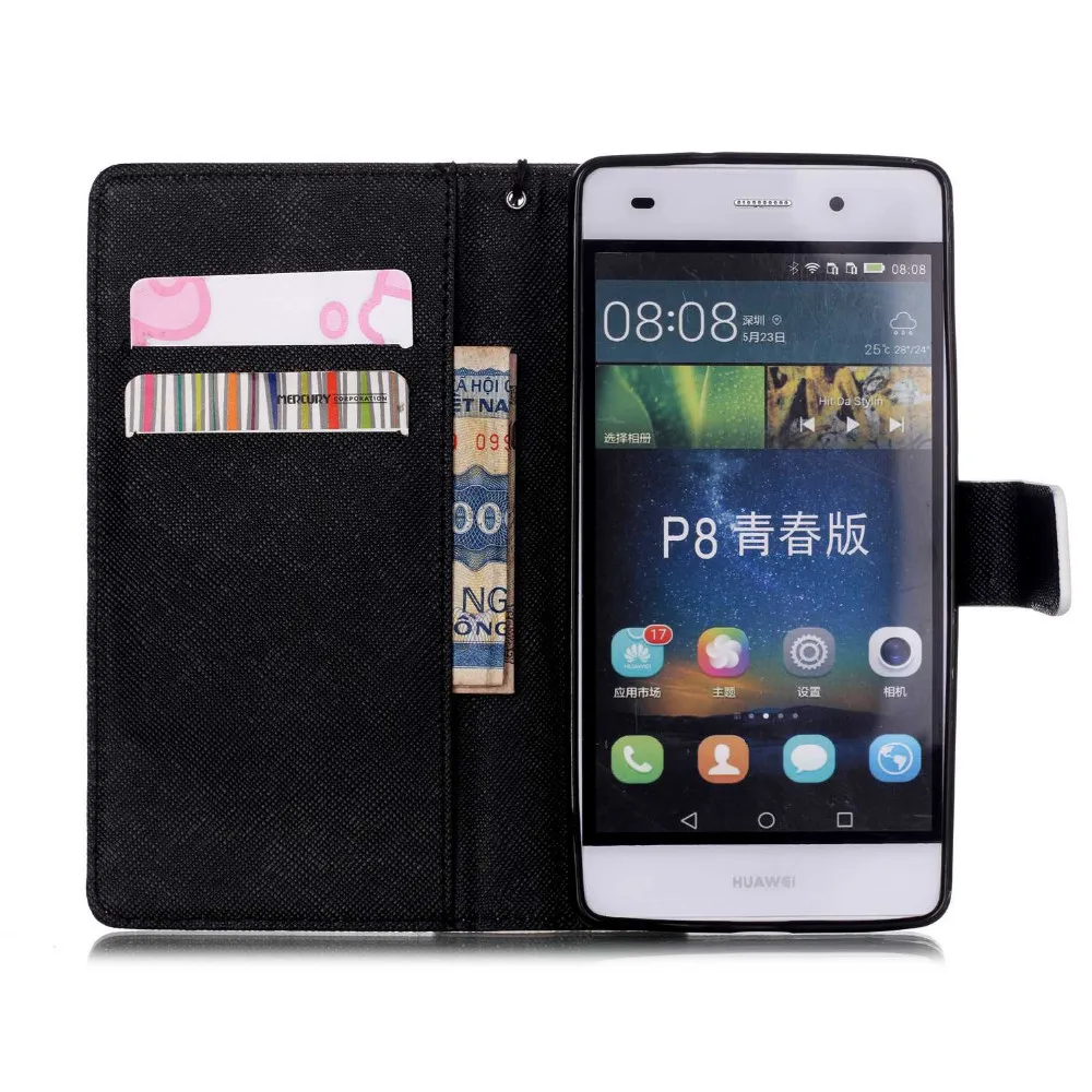 Кожаный чехол-книжка для huawei P8 Lite, чехол-книжка с рисунком, чехол-книжка для huawei P8 Lite, чехлы для телефонов с ремешком и отделением для карт