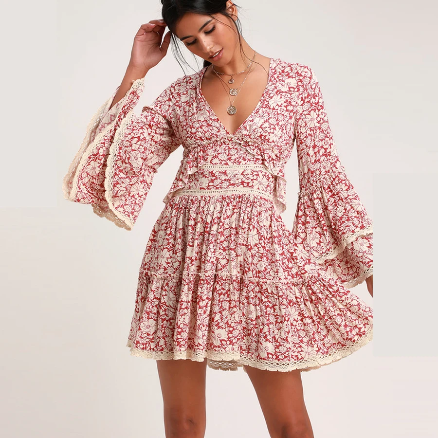 Женское короткое платье с цветочным принтом TEELYNN красное глубоким v образным