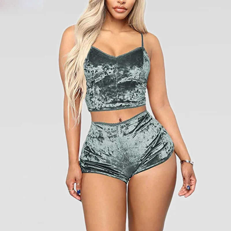 Женский бархатный пижамный комплект кружевной топ без рукавов Cami Bralette шорты