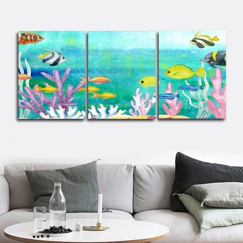 

Laeacco Canvas Calligraphy Painting 3 Panel Underwater World Sea Fish Posters and Prints Wall Art Picture Home Living Room Decor