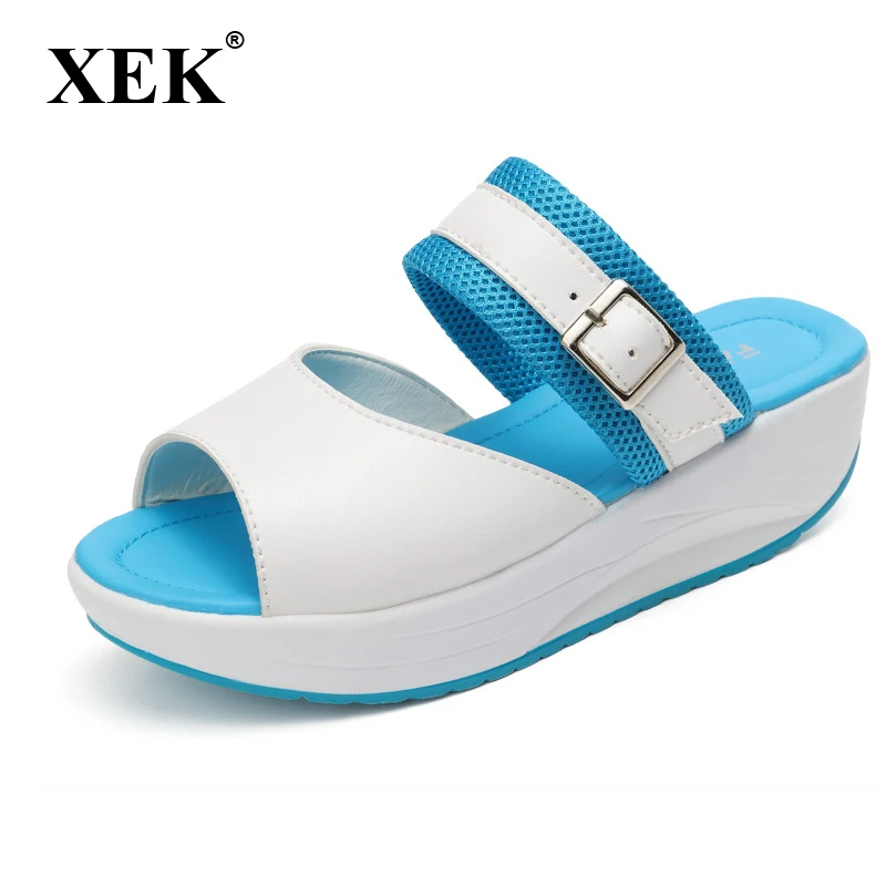 

XEK Summer Women Sandals 2018 New Slip On Flats Fish Mouth Beach slippers Sandals Comfortable Casual Platform Shoes Woman ST283