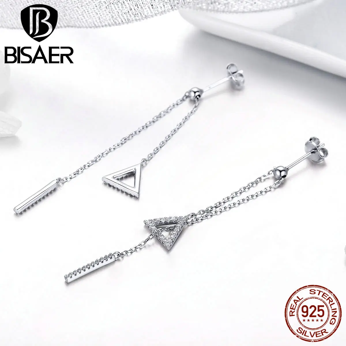 BISAER 925 пробы серебряные привлекательные милые треугольные Висячие длинные серьги-гвоздики для женщин девушек лучшие подарки ювелирные изделия EFE051