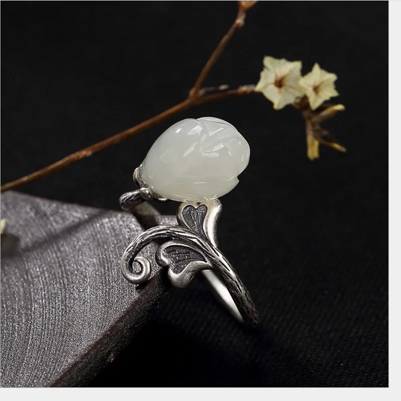 Uglyless 100% Real 925 Sterling Silver Handmade Leaf Rings for Women Thai Fine Jewelry Natural Jade Magnolia Finger Ring | Украшения и
