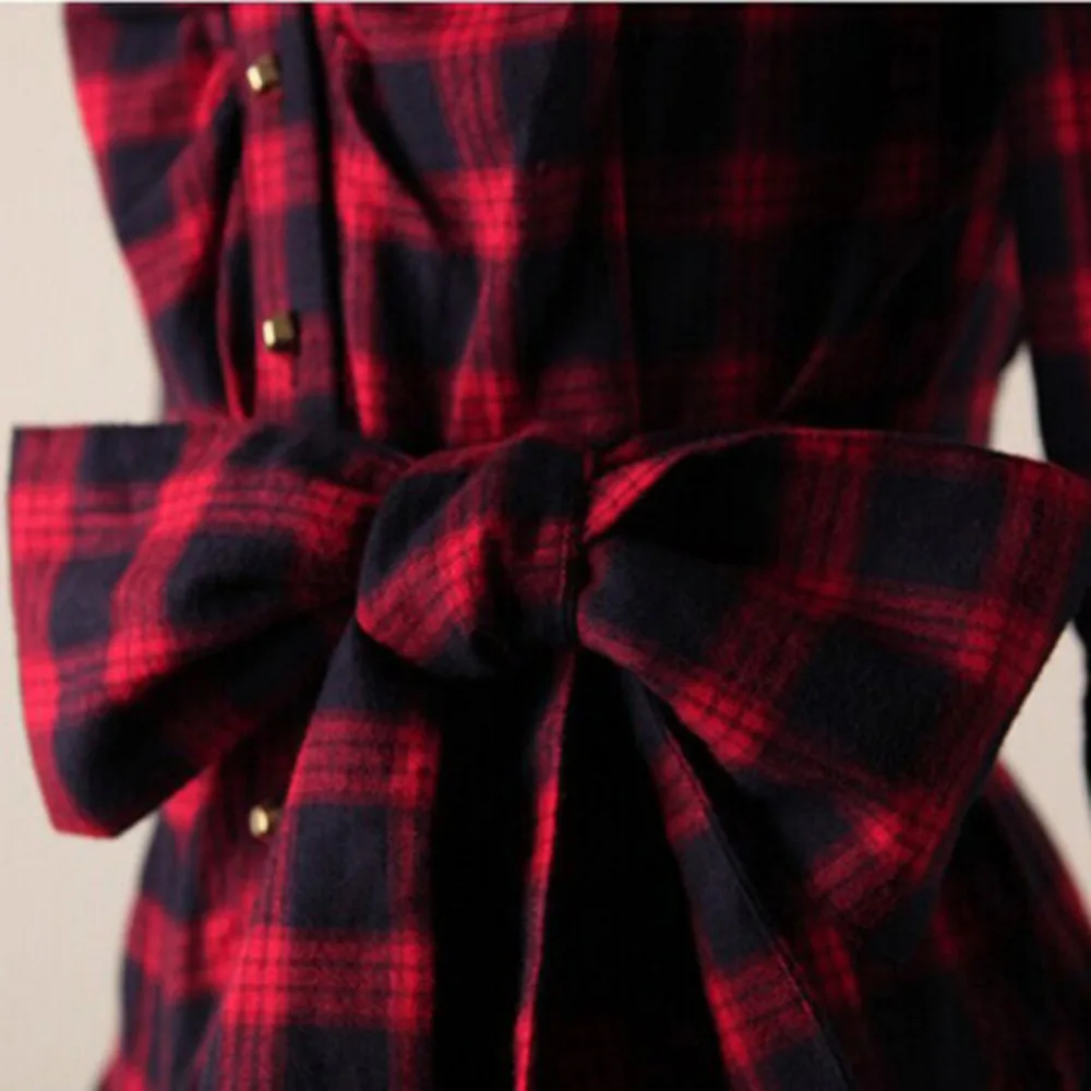2020 Dress Women Loose Long Sleeve Waist Belt Bow Cotton Casual Plaid Shirt Vestido Party Dresses Cherrykeke | Женская одежда