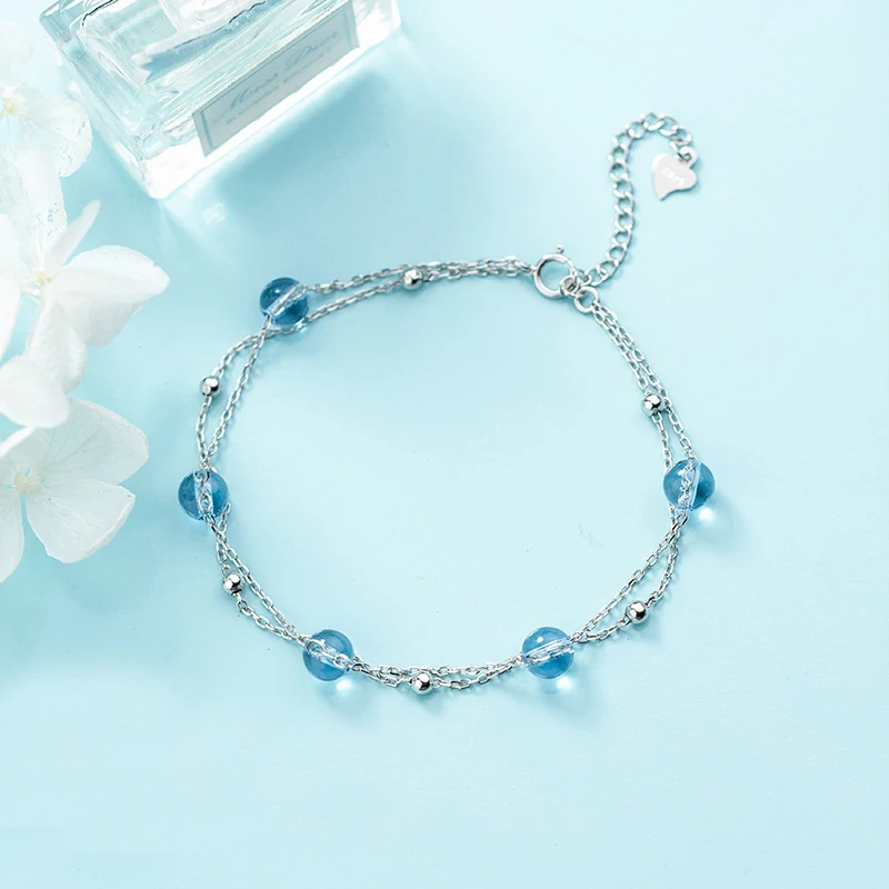 

MloveAcc 100% Real 925 Sterling Silver Women Bracelets Double Layer Blue Crystal Bead Wedding Silver Bracelet Jewelry Gifts