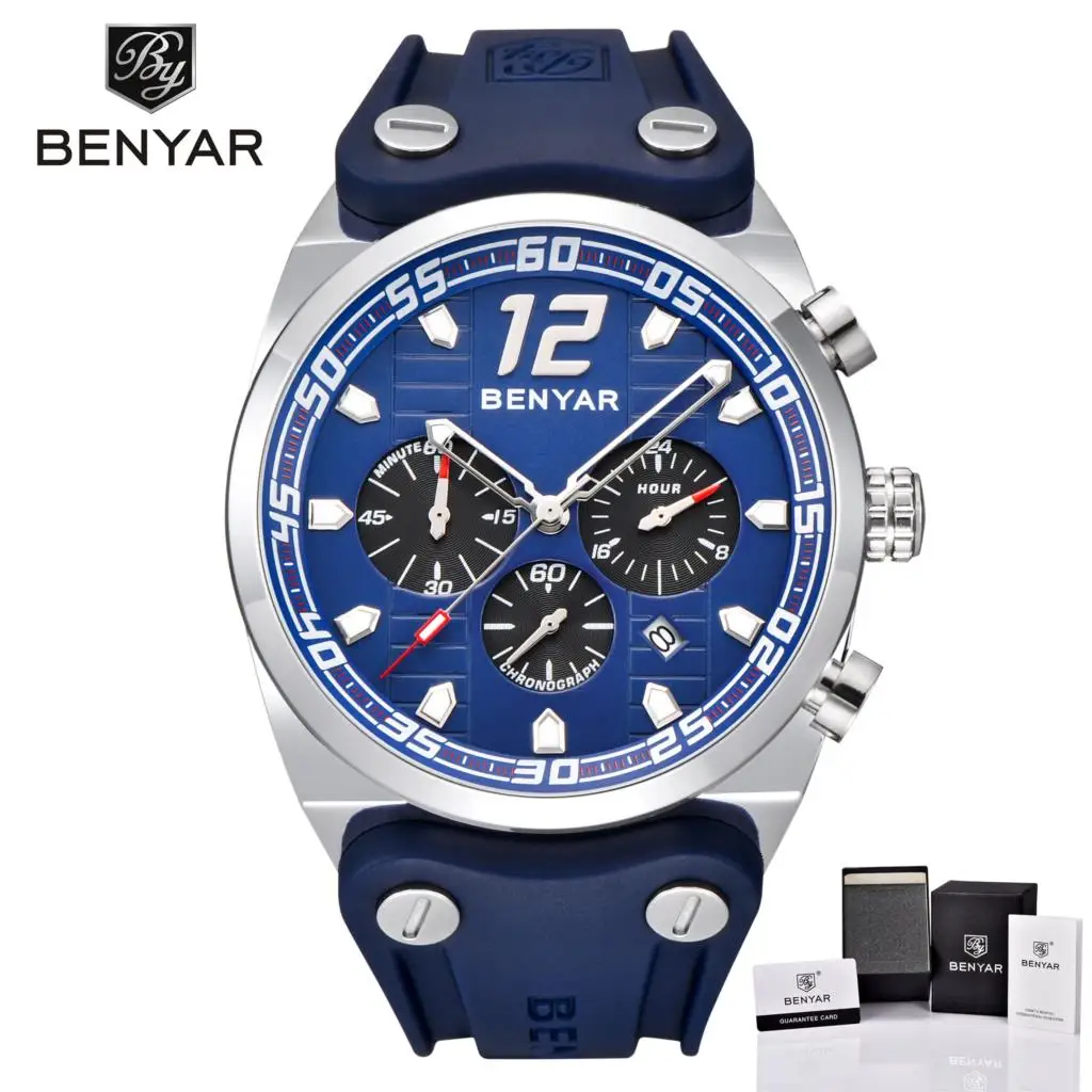 

BENYAR Watch Men Brand Luxury Sport Fashion Watches Military Quartz Watch Chronograph Date Waterproof 30M Blue Black Clock 2019