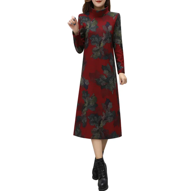Зимнее женское платье новинка 2018 плотное с высоким воротником и принтом большого