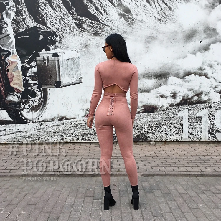 Женские сексуальные длинные костюмы из замши, одноцветные облегающие Клубные замшевые комбинезоны, сексуальные комбинезоны с открытой спиной