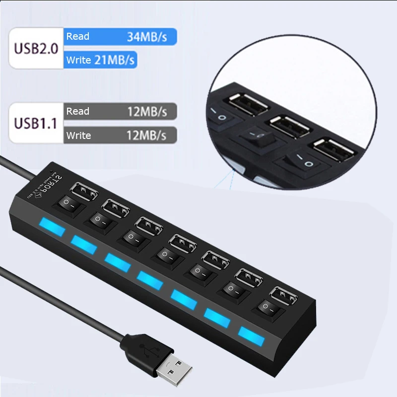 7 порт Micro USB 2,0 концентратор высокой Скорость 480 Мбит/с USB разветвитель с включения/выключения usb Hub 2,0 для ПК Компьютерные аксессуары USB hub