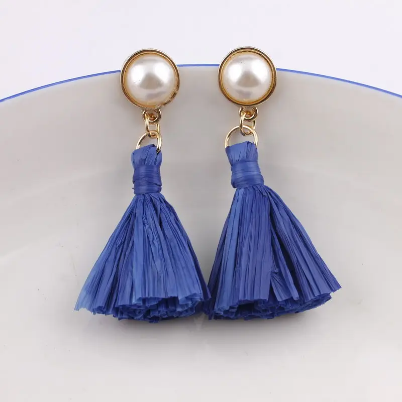 

ZWPON 2020 New Girl Pearl Raffia Earrings Straw Tassel Earrings Light Weight Fashion Bohemian Jewelry Dangle Statement Earrings