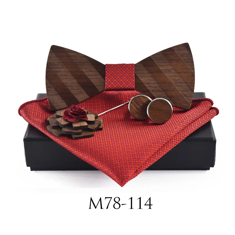 

3D Stripe Pattern Wooden Bow Tie Set Cufflinks Boutonniere Handkerchief Set Business Butterfly Cravat Party Ties For Men