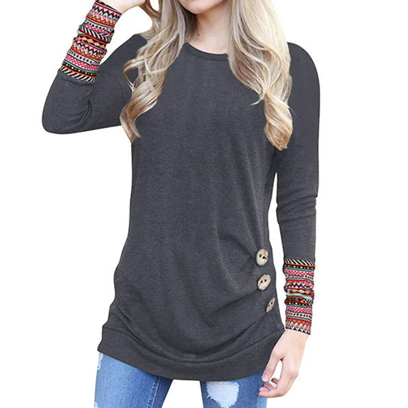Women Black Top Fashion Button Pleated Long Sleeve T-Shirts Brand 2019 Autumn Spring T-shirt Casual O Neck Lady Green Grey | Женская