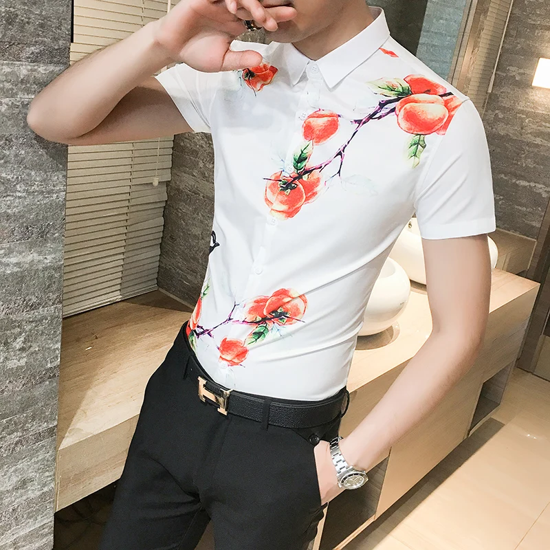 

new Summer night wind peach shirt sleeves printed short sleeved shirts and men's personality 1643P50