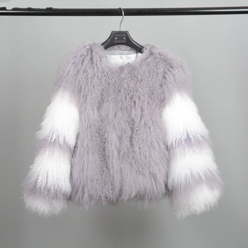 Grey and white Весь Монголия овец Мех животных Пальто для будущих мам для Для женщин короткие известный натуральная ягненка Мех животных куртка WAM овец Мех животных пальто женское пальто - Цвет: Grey and white