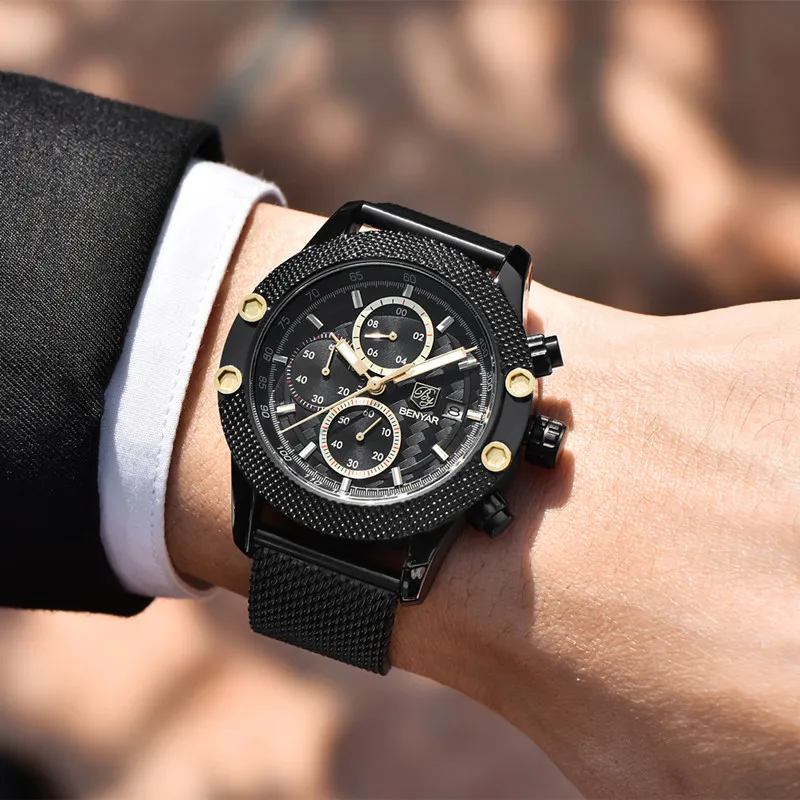

Relogio Masculino BENYAR Sports Chronograph Fashion Watches Men Band Waterproof Luxury Brand Quartz Watch Gold Saat Dropshipping