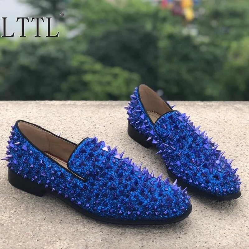 LTTL New Handmade Glitter Long Spikes Men Loafers Bling Sequins Men's Banquet Wedding Shoes Slip On Rivets Casual | Обувь