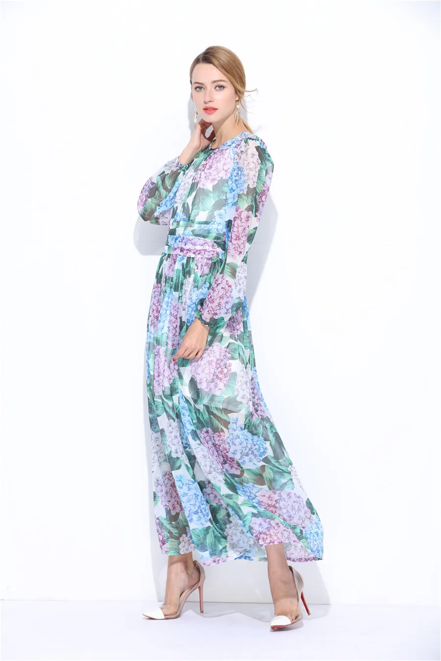 2017 женское Модное шифоновое платье для подиума Длинные рукава с цветочным