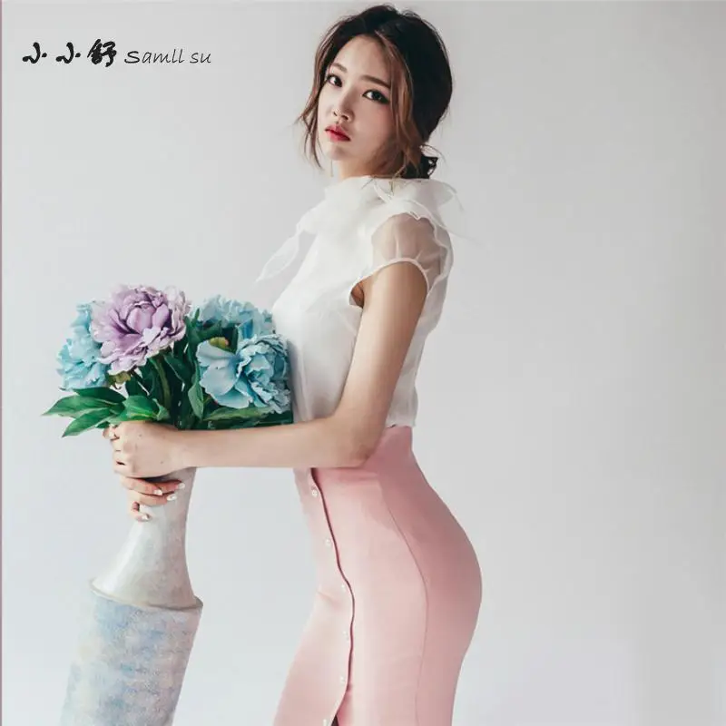 2 Piece Set Summer Office White Chiffon Women Sundress Bandage Vintage Sexy Bodycon Pink Pencil Dresses 2017 Vestidos De Festa | Женская