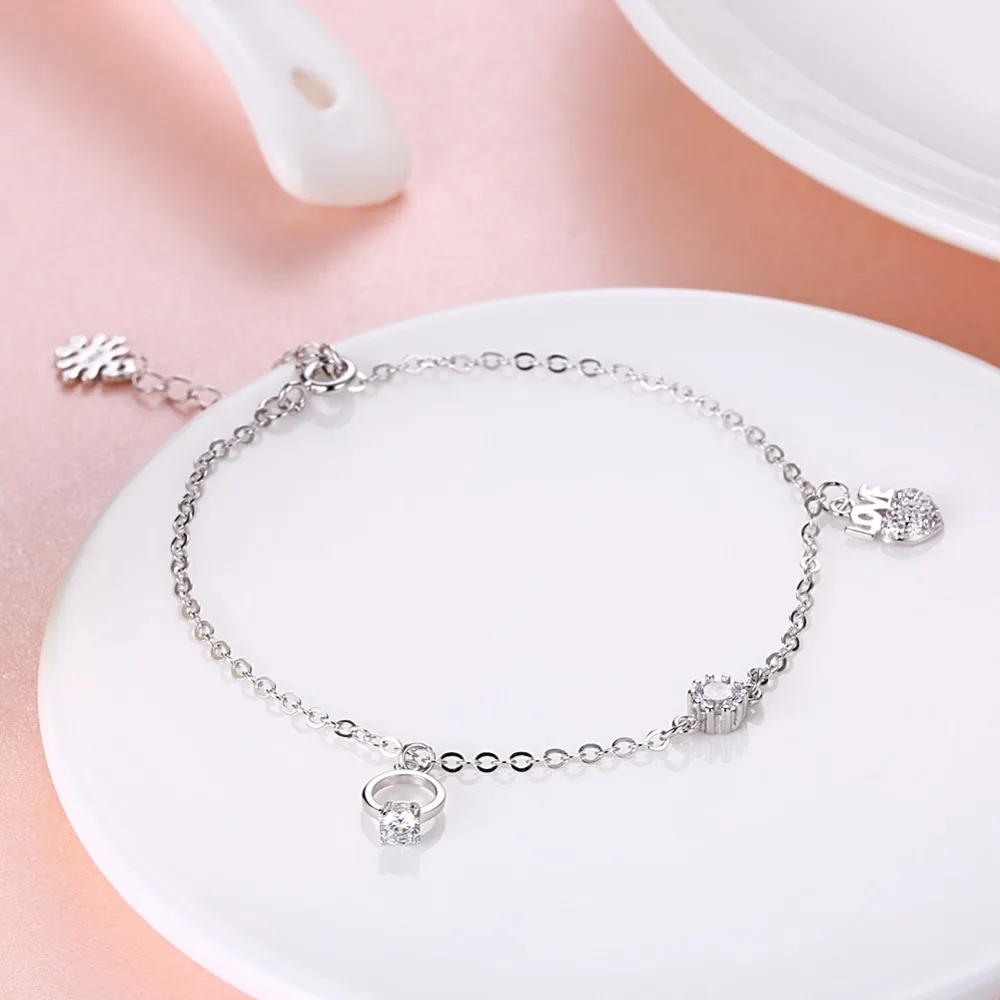 Женский браслет из серебра 100% пробы с кристаллами|heart charm bracelet|charm braceletsilver bracelet |