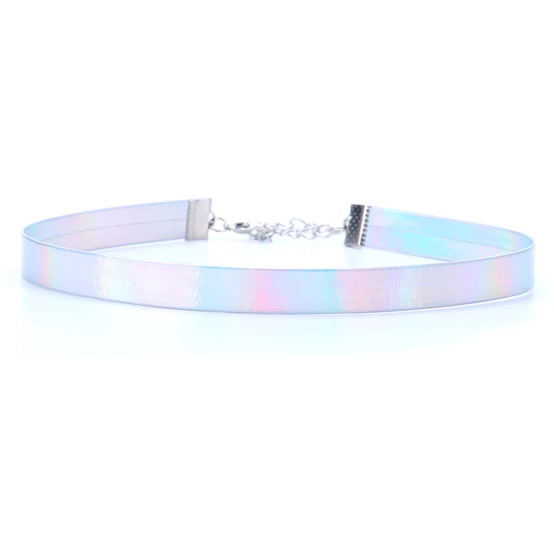 LWONG 1cm Width Thin Holographic Chokers Necklaces for Women Rainbow Iridescent Holo Hologram Choker Chocker PU Leather Necklace | Украшения