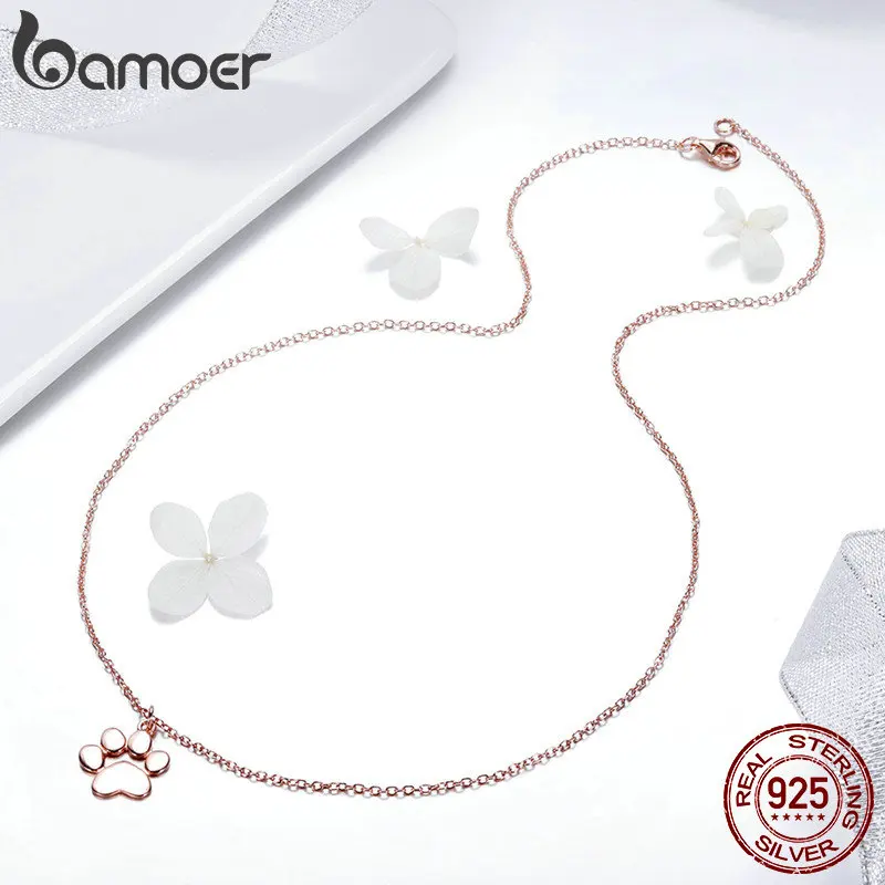 BAMOER 925 пробы серебро розовое золото цвет животные отпечатки собачьих лап кошка следы колье с подвеской в виде лапы подвески женские ювелирные изделия SCN275