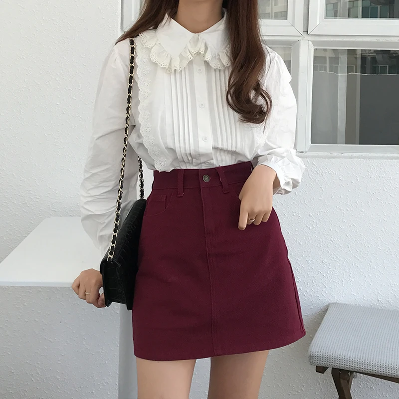 Кей поп Харадзюку Винтаж хлопок бордовый юбка трапеция уличной моды