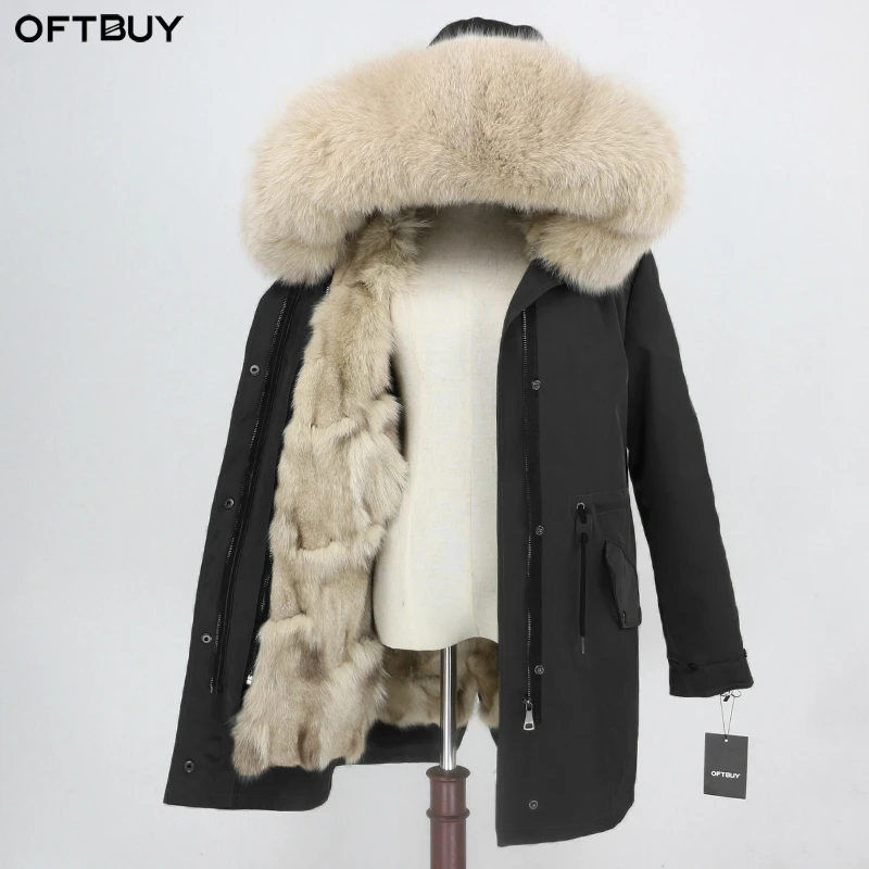 Женская парка со съемным мехом OFTBUY черная Водонепроницаемая длинная куртка